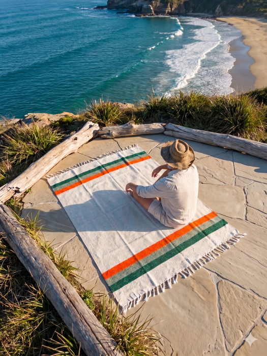 Mexican Yoga Blanket Throw - Sea Breeze | White Green Orange