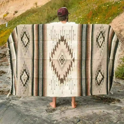Brown Diamond 100% Wool Vintage Mexican Blanket 80" x 50 West Path
