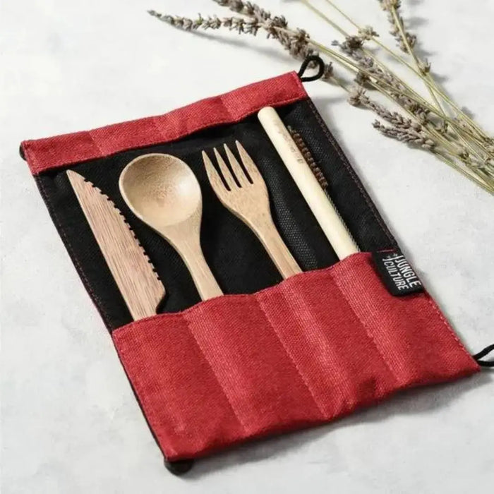 Sustainable Bamboo Cutlery Set in Natural Cotton Pouch - Berry Red Jungle Culture