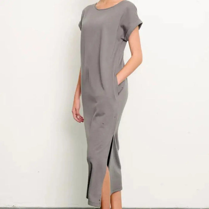 Brushed Organic Hemp Side Slit Dress - Dull Grey Fabina